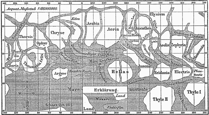 Historische Karte (1888) der Marsoberfläche von Giovanni Schiaparelli. Quelle: Internet, gemeinfrei