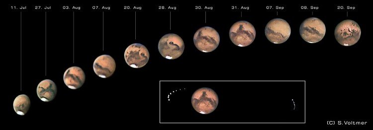 Die Aufnahmen von Sebastian Voltmer (Link zu weltraum.com) zeigen den Anblick des Mars von Juli bis September 2003.