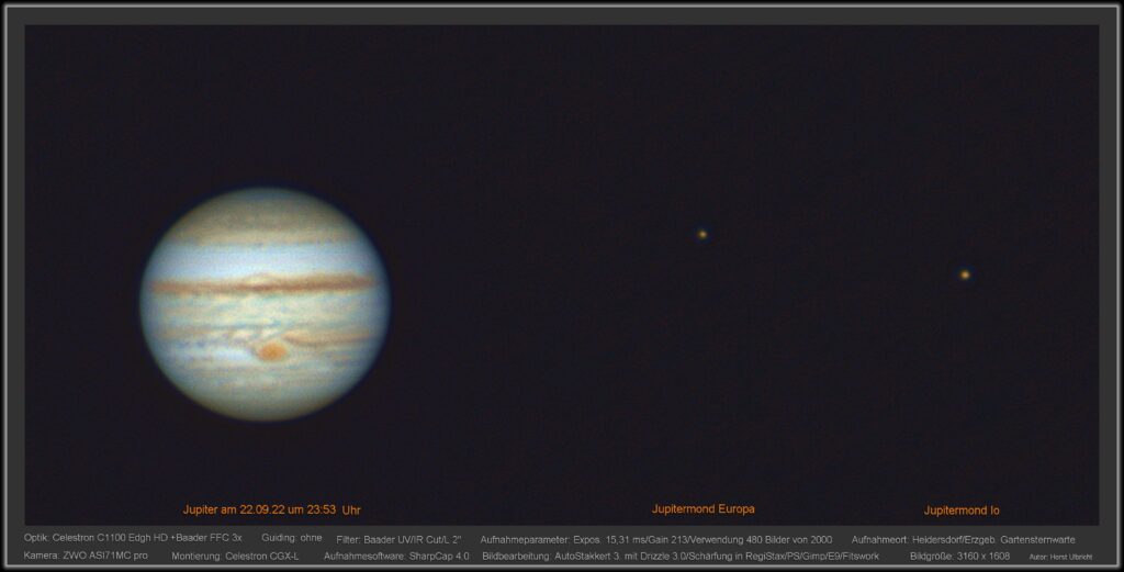 Jupiter am 22.09.2022 mit GRF +zwei Monden aufgenommen mit C 1100Edge HD +Baader FFC 3xASI - Horst Ulbricht