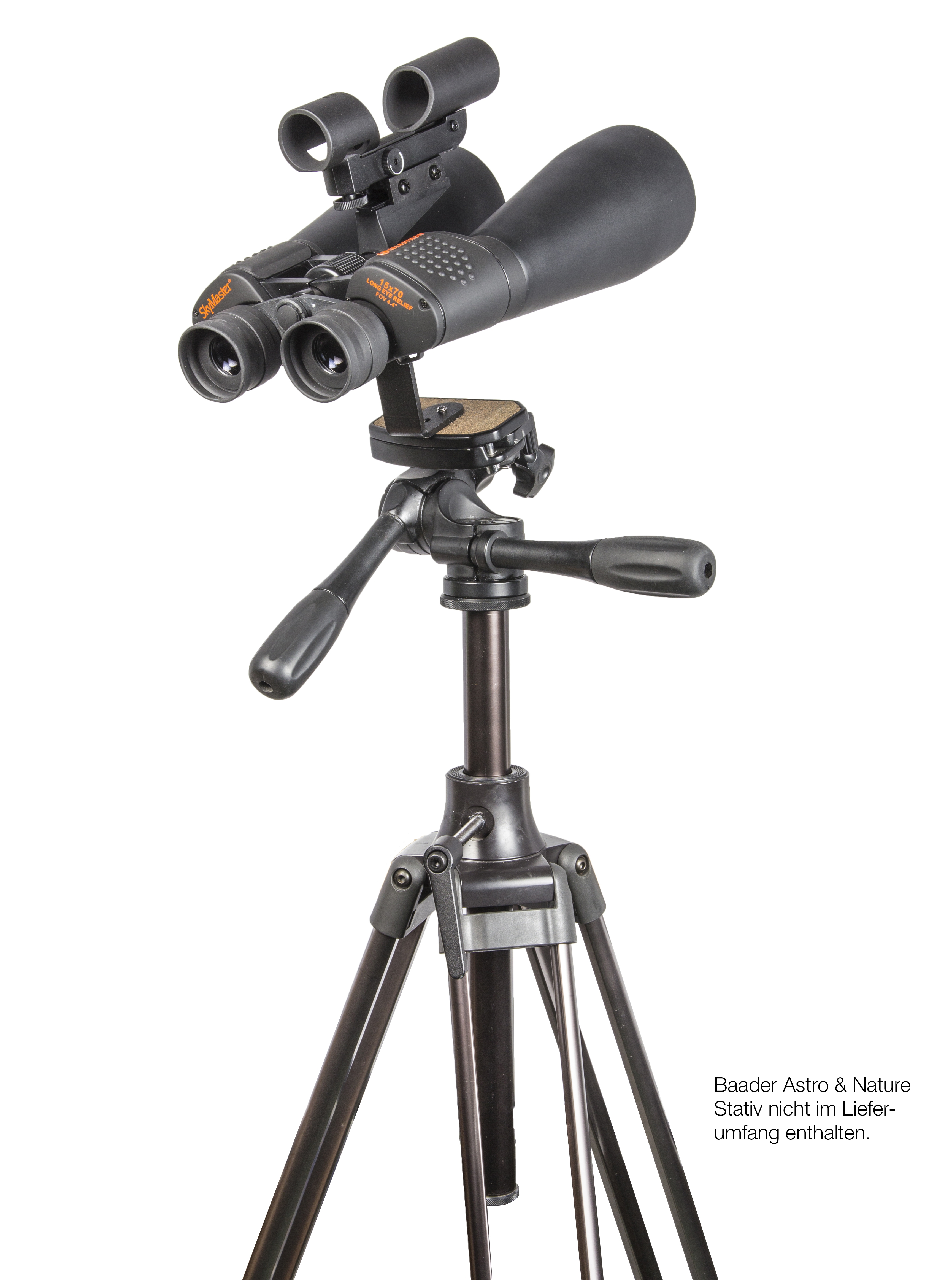 Anwendungsbild mit Baader SkySurfer III Leuchtpunktsucher (#2957300), Celestron SkyMaster 15x70 (#821430) und Baader Astro&Nature Stativ (#2451020)