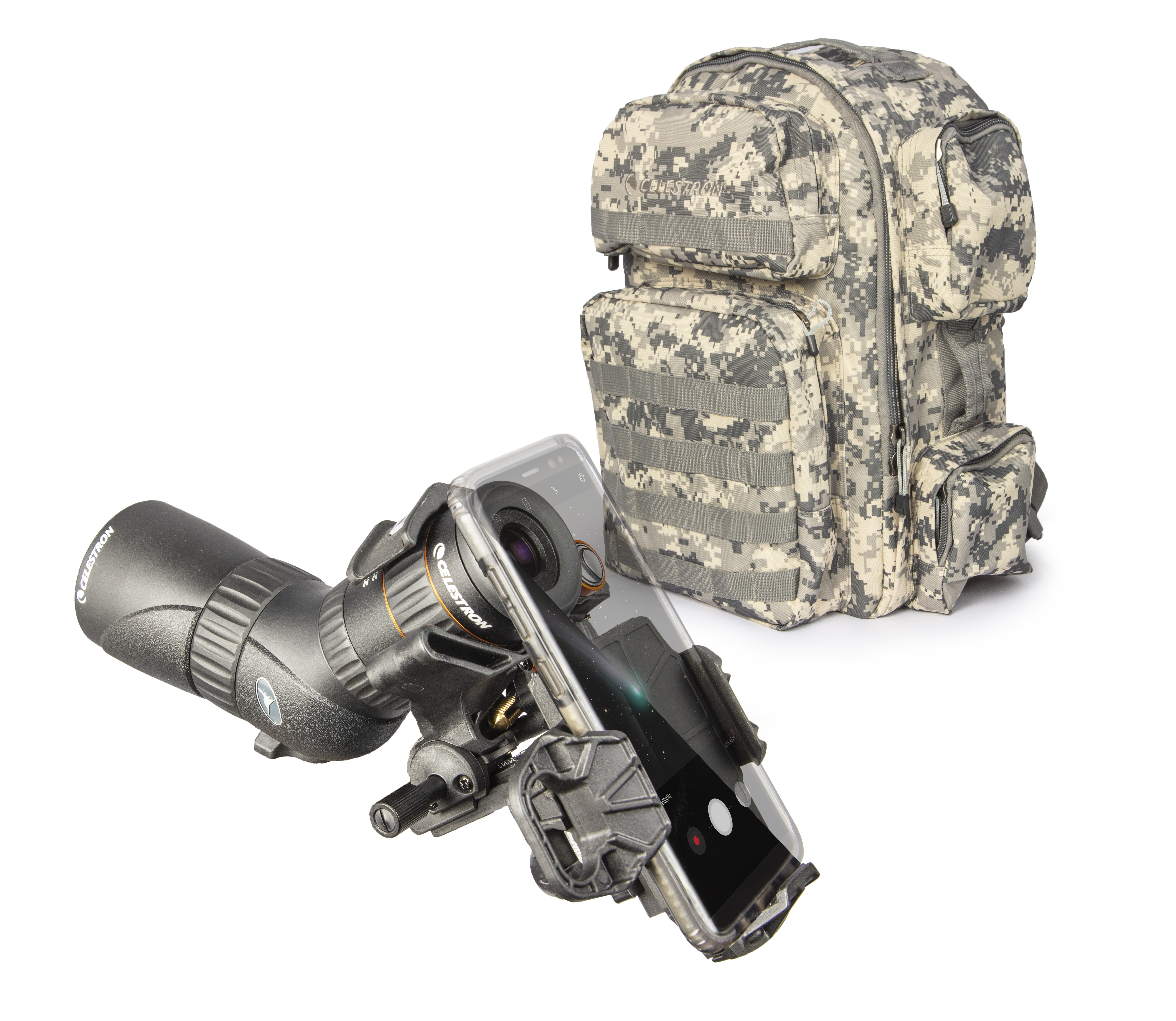 Anwendungsbild: Camouflage-Rucksach mit Hummingbird ED Mikrospektiv und NexYZ Smartphone Adapter